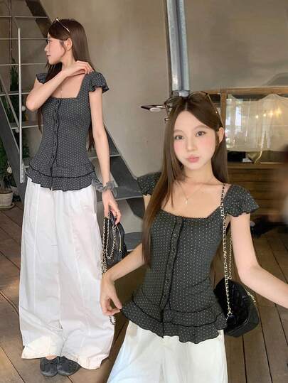 DAZY 女士波点韩式荷叶边夏季T恤