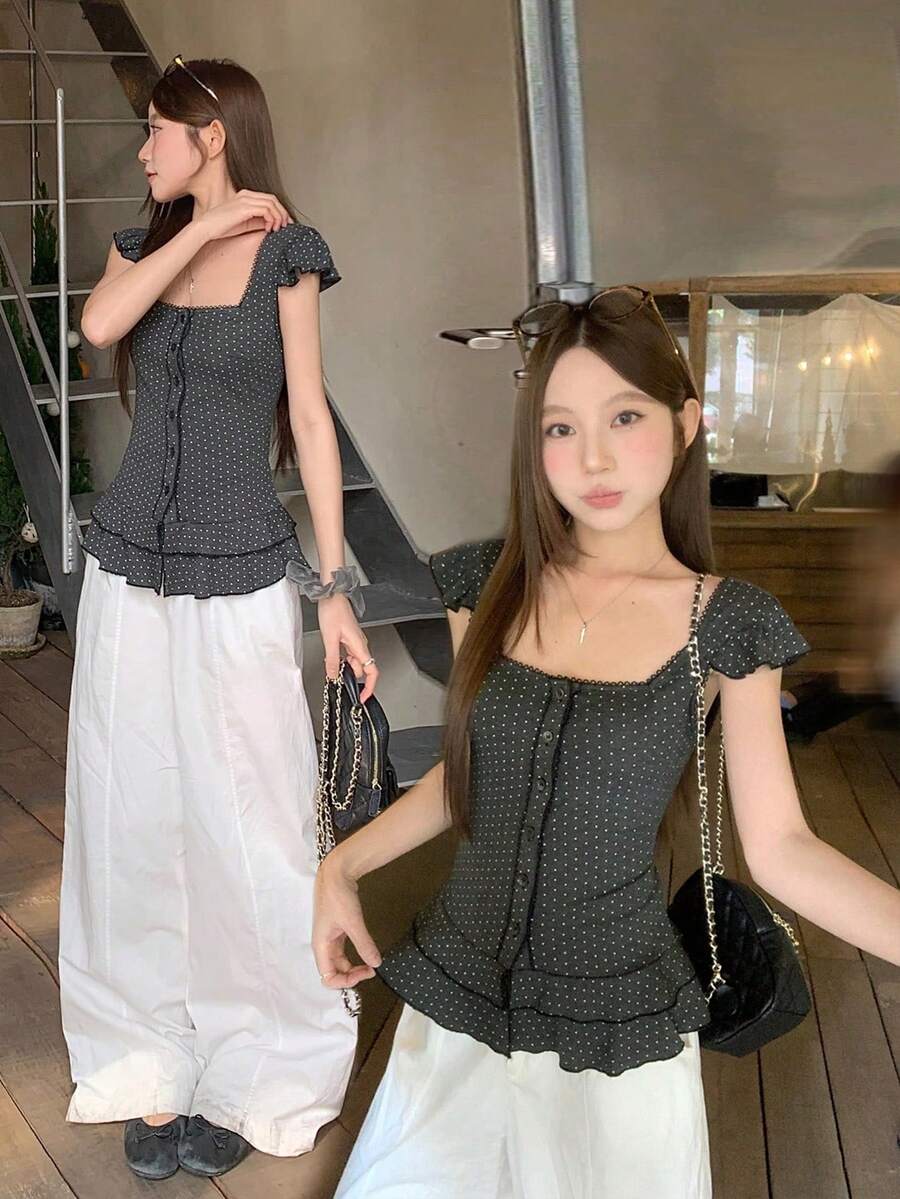 DAZY 女士波点韩式荷叶边夏季T恤 - 灰色 - 查看 1