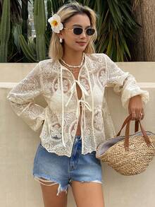 DAZY Women's Spring/Summer Beach Vacation Style Lantern Sleeve Front Tie Semi-Sheer Loose Shirt Boho - White - View 3