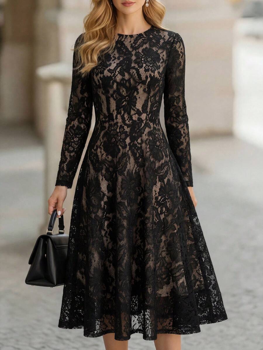 Medorina 女士优雅蕾丝腰收腰中长连衣裙，适合通勤 - 黑色 - 查看 1