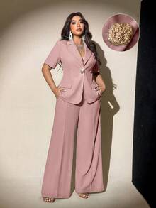 Viva Relle Plus Size Fitted Business Casual Suit Set, Suitable For Commuting, Interview, And Leisure, New Style For Summer - Dusty Pink - View 1