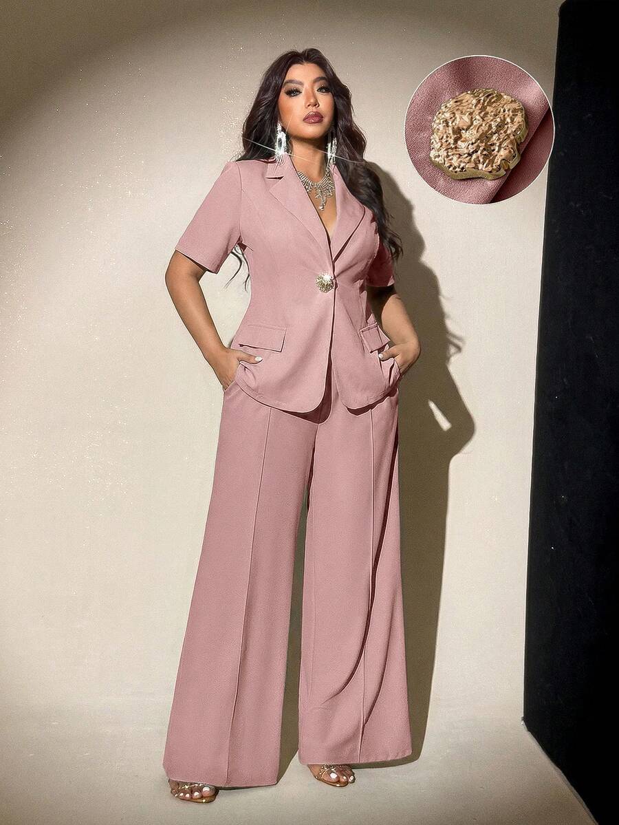 Viva Relle Plus Size Fitted Business Casual Suit Set, Suitable For Commuting, Interview, And Leisure, New Style For Summer - Dusty Pink - View 1