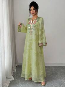 Yasmyna Đầm dài tay dáng rộng, thanh lịch, lãng mạn kiểu Thổ Nhĩ Kỳ - Ả Rập dành cho nữ, chất liệu chiffon jacquard. - màu xanh lá - Xem 4