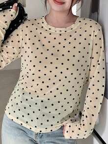 Dazy Plus 大码女式休闲波点印花长袖T恤 - 米色 - 查看 6