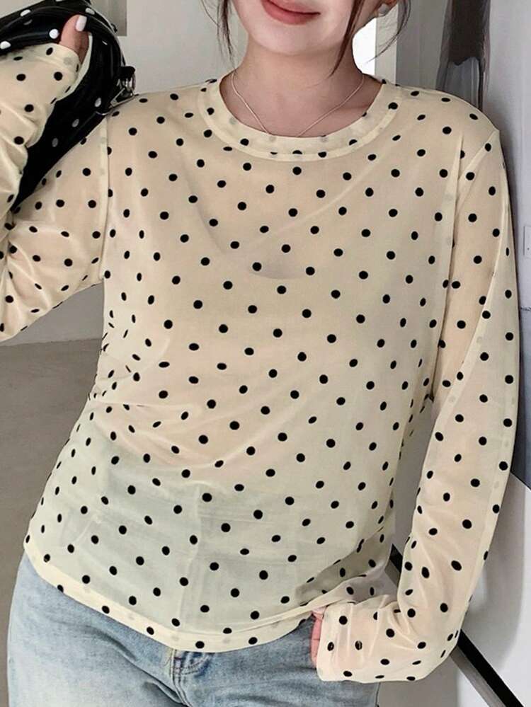 Dazy Plus Plus Size Women Casual Polka Dot Print Long Sleeve T-Shirt