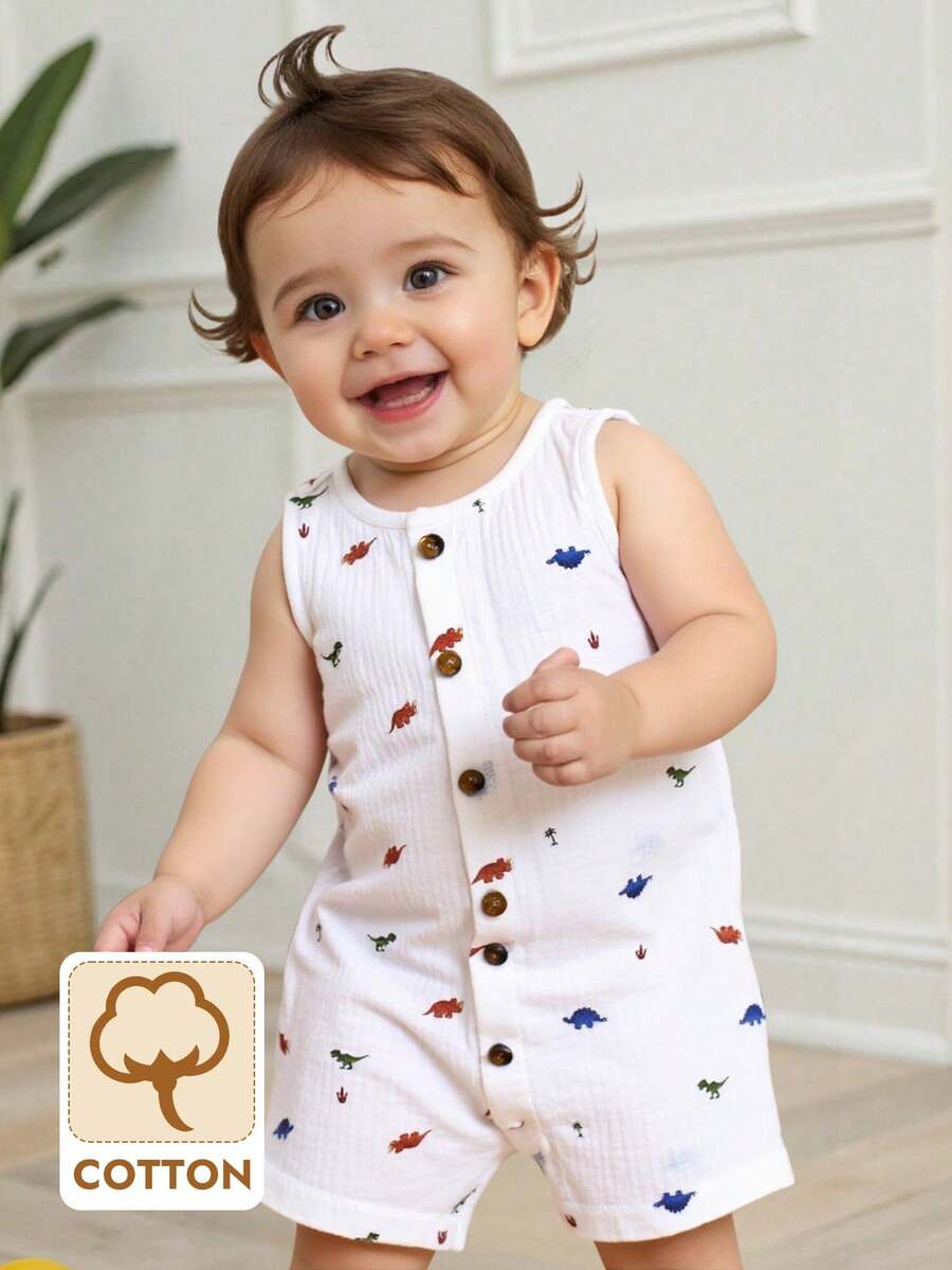 SHEIN Bộ áo liền quần không tay cổ tròn họa tiết cây dừa hoạt hình cho bé trai, kiểu dáng giản dị và đa năng. - Nhiều màu - Xem 1