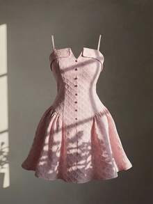 Elenzga Vestido mini de línea A sin mangas, con diseño de cintura ceñida, elegante y dulce, romántico y sexy para vacaciones. Vestido de princesa con botones y textura de cuadros, sin mangas, color rosa. - Rosa Pálido - Ver 5