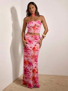 Opulessa 休闲度假风性感粉色百合热带花卉扎染图案女式上衣和半裙两件套，适合春夏度假穿着 - 彩色 - 查看 4