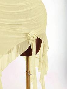 Amplova Women's Mid-Length Dress,Pale Yellow,Summer,Seductive,Photo Shoot,Draped Collar,Drawstring,Ruffle Trim Hem,Spaghetti Strap,Backless,Floral Decor, - Light Yellow - View 9