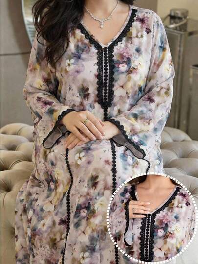 Al Najma Đầm Maxi Ả Rập Thanh Lịch Cổ Chữ V Họa Tiết Hoa Ren Chắp Vá Cỡ Lớn Cho Nữ