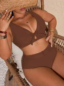 SHEIN Swim Curve Women's Summer Black Halter Bikini Top And High Waist Shorts Swimsuit Set - Brown - View 1