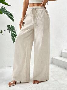 SHEIN PETITE 女士纯色亚麻系带阔腿口袋纹理通勤裤复古风格亚麻裤宽松夏季女装沙滩度假装女裤 - 杏色 - 查看 7