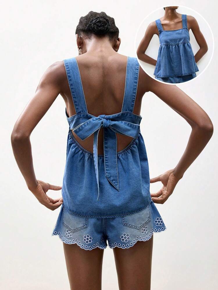 SHEIN Maija Women's Light Blue Denim Top, Square Neck Tank Top, Summer Blouse, Casual Vacation Outfit.Summer Tops, Babydoll Tops Woman, Blue Summer Top