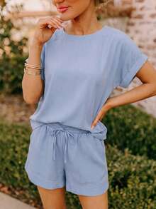 Coeurva 女士休闲浪漫舒适纯蓝色两件套，春夏两件套短袖连体衣，女士夏季休闲套装，短袖连体衣，蓝色两件套，女士短裤套装，春夏精选蓝色上衣和短裤休闲夏季套装，女士两件套 - 藍色 - 查看 15