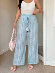 EMERY ROSE Pantalones de vacaciones con cintura con cordón y abertura lateral, de tela jacquard de talla grande - Celeste - Ver 4