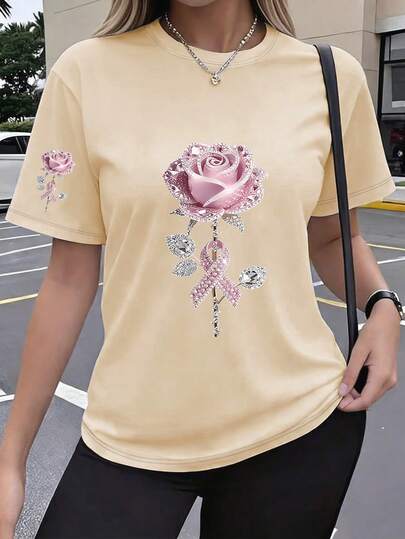 EMERY ROSE Camiseta casual de mujer de cuello redondo de manga corta con estampado floral
