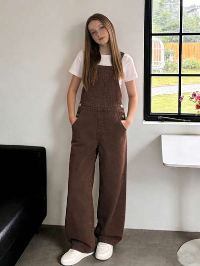 Tween Girls Denim Overalls & Jumpsuits, Brown Denim Color, Y2K Style, Casual & Fashionable, Loose Wide Leg, Comfortable Cotton Denim, Suitable For Daily Wear, School, Commute, Gathering, Travel, Back To School Season, New Arrival
