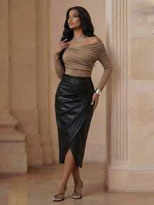 Playroots Nueva falda lápiz de cuero elegante, sexy y de alta calidad - Negro - Ver 2