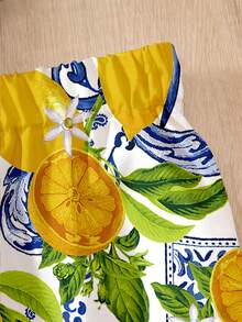 Sparklyn 少女亮黄色荷叶边吊带背心搭配柠檬印花阔腿裤套装，适合日常外出、度假、野餐和聚会。 - 彩色 - 查看 6