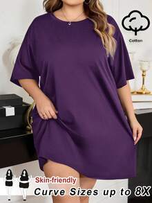 SHEIN CURVE+ Đầm ngắn tay cổ tròn dáng rộng thoải mái, thích hợp cho mùa hè. - Màu tím - Xem 10