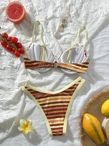 Swim Mod Women's 2 Pieces Ribbed Ribbed Print Underwire Bikini Top And Bottoms Swimsuit Set, Summer - Multicolor - View 2