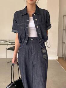 Bộ đồ nữ gồm áo sơ mi cổ bẻ và quần jean ống rộng, phong cách Hàn Quốc. - Màu xanh lam - Xem 5