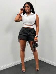 Glyssa 女士系腰休闲衬衫领无袖短款上衣 - 白色 - 查看 6