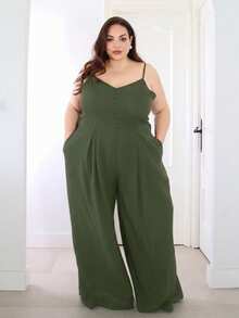 Pretty and Ole Bộ đồ liền thân ống rộng xếp ly cài nút sang trọng, thanh lịch cỡ lớn dành cho nữ, mùa xuân/hè - màu xanh lá - Xem 1