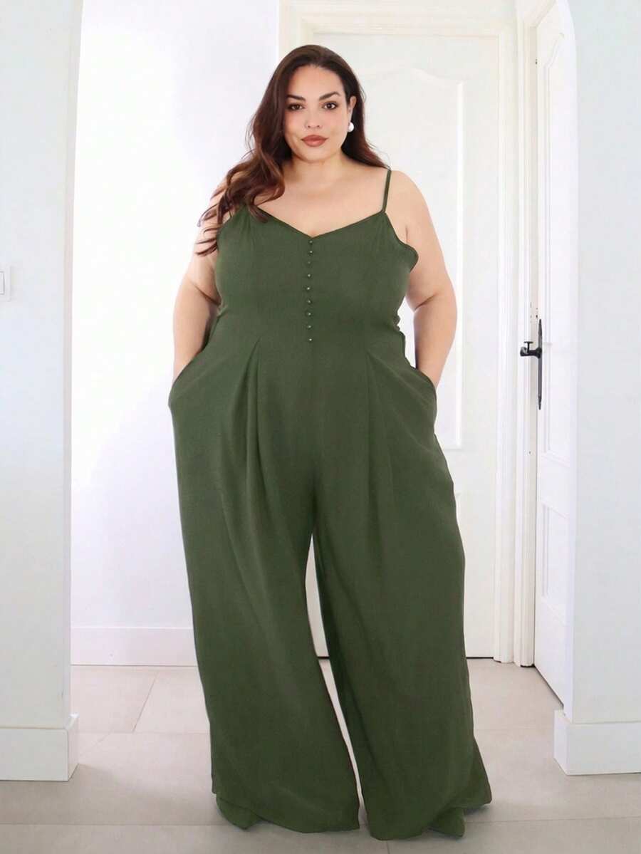 Pretty and Ole Bộ đồ liền thân ống rộng xếp ly cài nút sang trọng, thanh lịch cỡ lớn dành cho nữ, mùa xuân/hè - màu xanh lá - Xem 1