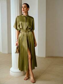 ZEYLAH 立领开襟褶裥腰身中长缎面连衣裙，优雅复古风格 - 綠色 - 查看 1