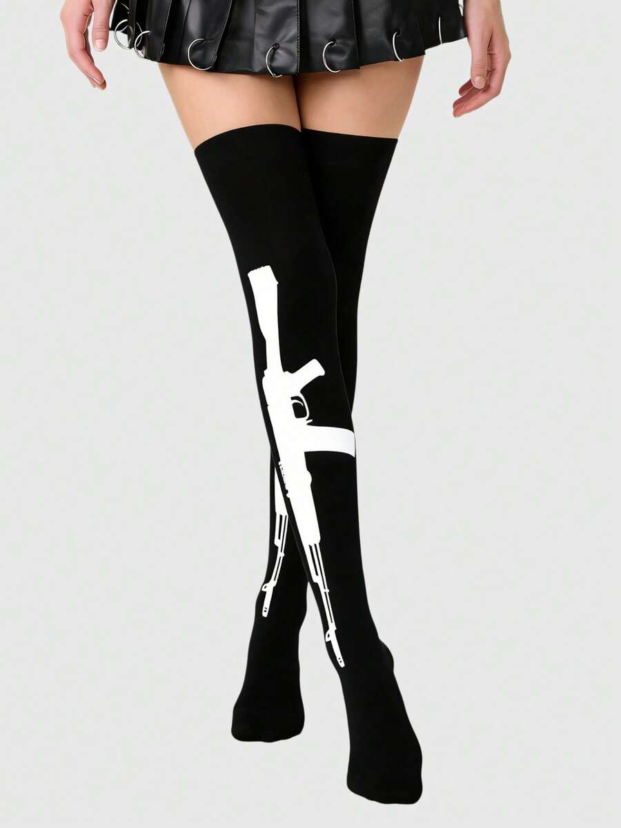 ROMWE Grunge Punk 1双暗黑朋克白色机关枪黑色过膝长袜 - 黑88色 - 查看 1