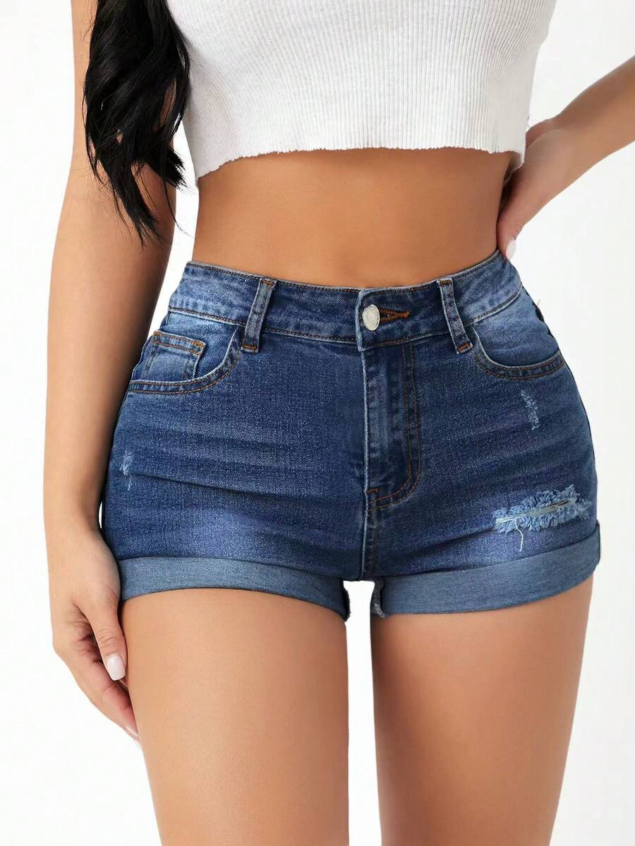 SHEIN PETITE 高腰破洞卷邊牛仔短褲 - 深色水洗藍 - 查看 1