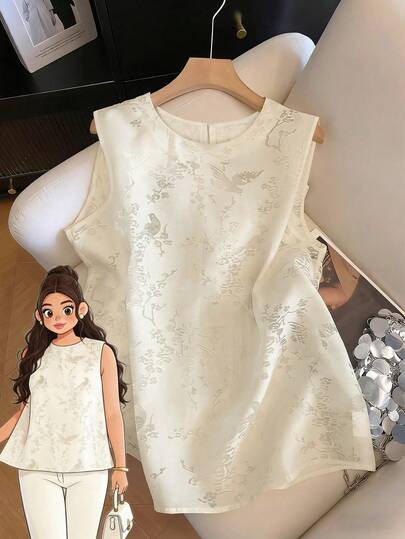 GlowEve CURVE Plus Size Women's Summer Sleeveless Round Neck Organza Jacquard Patterned Blouse, White, Chinese Style, Suitable For Spring, New Year, Valentine's Day, Party, Wedding Guest, Graduation, Vacation, Elegant, Casual, Formal, Outdoor Wear