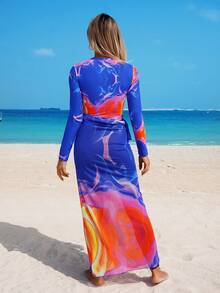 Swim Mulvari Set de 4 piezas de burkini de manga larga con cremallera y estampado tie-dye aleatorio, elegante para mujeres - Multicolor - Ver 2