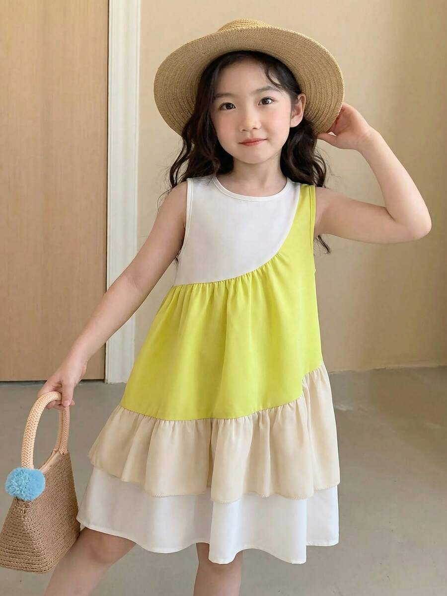 Genkimix Kids Young Girl' Summer Sleeveless Patchwork Round Neck Dress, Color Block Hem Design, Casual Beach Weekend Vacation Dress, Comfortable Summer Outfit - Multicolor - View 1