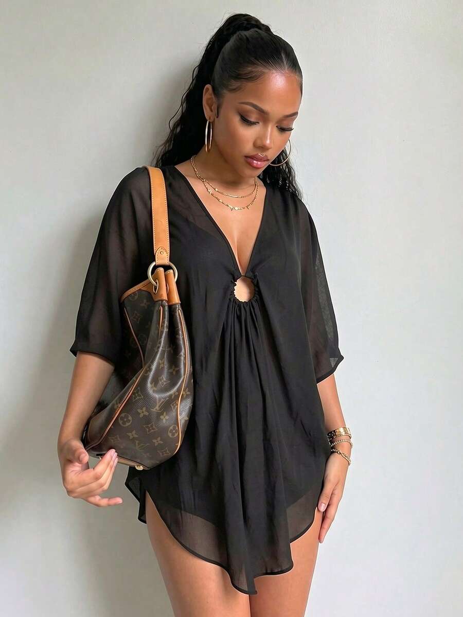 SHEIN Swim Áo che Nữ Nhẫn màu trơn - màu đen - Xem 1