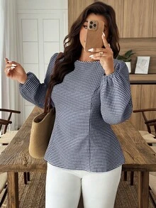 Weeklong Plus Size Casual Plaid Lantern Sleeve Shirt With Back Tie - Navy Blue - View 4