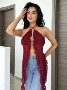 Vassilux Women's Sexy Halter Neck Chiffon Blouse,Sexy Tops - Burgundy - View 3