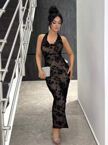 Vassilux Black Flocked Draped Neck Tie-Up Long Dress For Women, Autumn/Winter, Suitable For Christmas, Bridesmaid Dress, Wedding Season Lace Maxi Dress Long Black Dress Formal Cruise Dinner Dress Party - Black - View 6