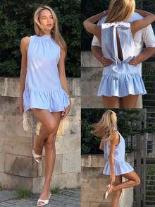 Siren Gaze 新款春夏蓝白条纹露背蝴蝶结连衣裙（女款） - 藍色 - 查看 14