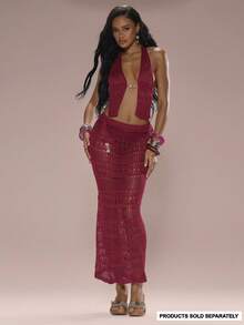 MUSERA Chân váy maxi dệt kim rách rưới với chi tiết đính cườm và dây buộc, chỉ dành cho kỳ nghỉ hè, đi biển, Ibiza, dễ thương, lễ hội, thanh lịch, trăng anh đào. - Màu Đỏ Sâu - Xem 1