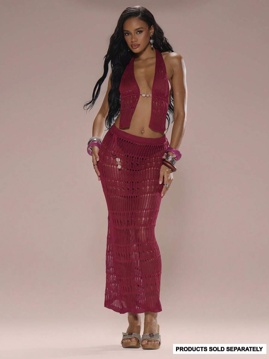 MUSERA Chân váy maxi dệt kim rách rưới với chi tiết đính cườm và dây buộc, chỉ dành cho kỳ nghỉ hè, đi biển, Ibiza, dễ thương, lễ hội, thanh lịch, trăng anh đào. - Màu Đỏ Sâu - Xem 1