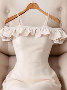 SHEIN Women's Elegant Summer Cream White Pearl Spaghetti Strap Dress,French One-Shoulder Ruffled Off-Shoulder Formal High-Waisted Mid-Length Dress - Apricot - View 4