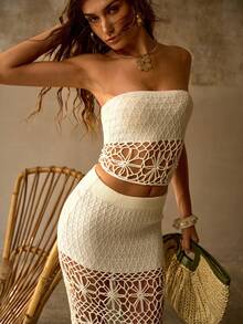 MOTF PREMIUM 优雅浪漫手工钩编花卉纹理拼接抹胸上衣和半裙套装，女士沙滩泳衣罩衫 - 白色 - 查看 6