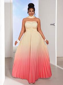 Maweii Ombre Yellow & Pink Gradient Halter Pleated Dress With Sash,Champagne Summer Elegant Formal Plus Size Women's Vacation Beach Party Dress - Multicolor - View 6