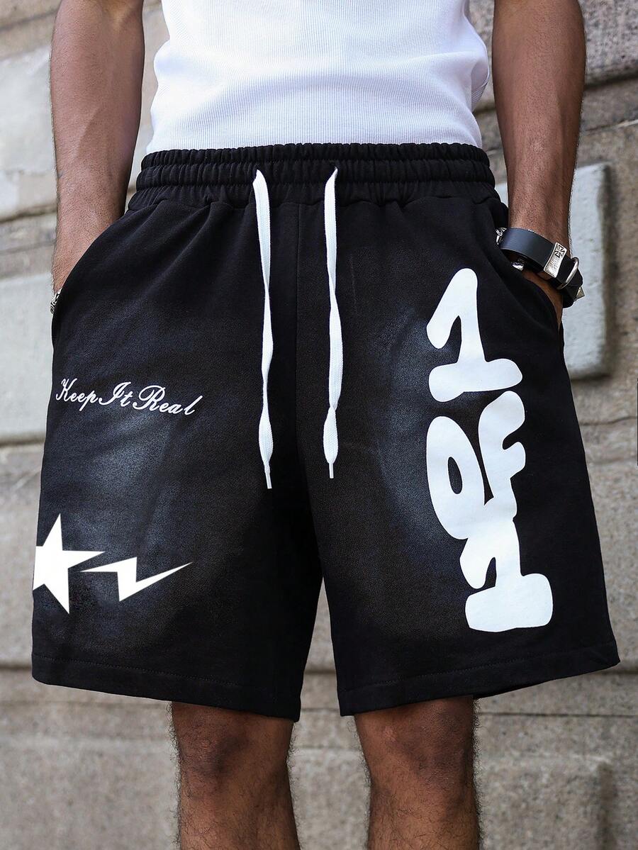 Major Grit Vintage Graffiti Print Drawstring Waist Loose Sports Shorts, Plus Size Casual Comfortable Black Bermuda Shorts Cotton - Black - View 1