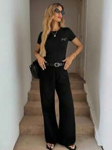 SHEIN LUNE Rhinestone Embellished Crew Neck Fitted Butterfly Print Short Sleeve T-Shirt, Suitable For Spring/Summer Rhinestone Hot-Stamped Rhinestone Top With Real Rhinestone Bow Shape,Summer Top - Black - View 5