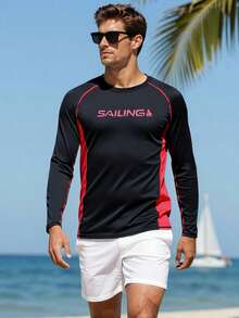 Manfinity Swimmode 男士沙滩度假休闲印花防晒衣 - 黑色 - 查看 3