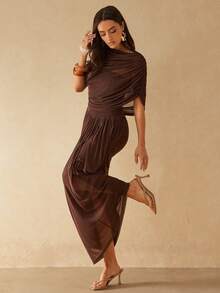 Silquee 女士褶皱下摆长连衣裙，春夏款 - 咖啡 - 查看 7