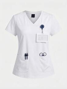 TaskEZ Solid Color V-Neck Short Sleeve Pocket Scrub Uniform Top - Multicolor - View 9